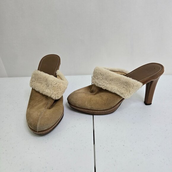 Coach Kacie Heels 8.5 B Shearling Suede Light Brown Mule Clogs Cream Italy Boho - Picture 1 of 6